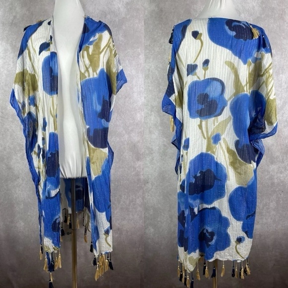 Aratta Silent Journey Kimono-Style Tassel Wrap Top In Blue One Size - Picture 2 of 9